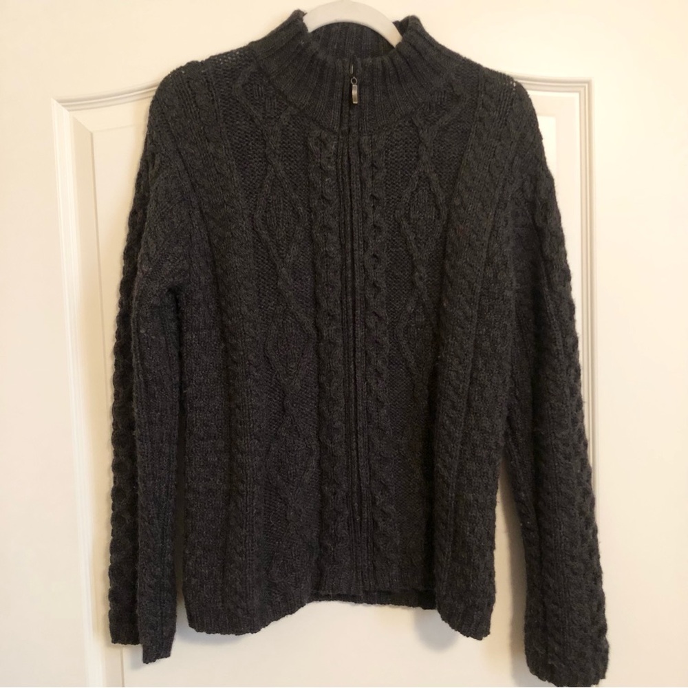 Inis Crafts Merino Wool Cable Knit Zip Cardigan Sweater